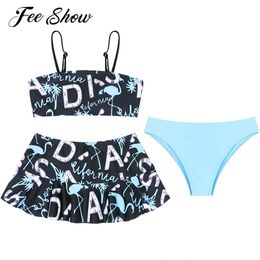 set 3Pcs Kids Girls Letter Print Tankini Swimsuit Swimwear Adjustable Straps Swim Top Bikini Bottoms with Ruffle Skirt Swimming Suit