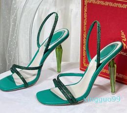 Diamond Crystal Emerald Green Sandal Luxury Designer lady crystal-encrusted toe strap Stiletto Heel Rhinestone Party