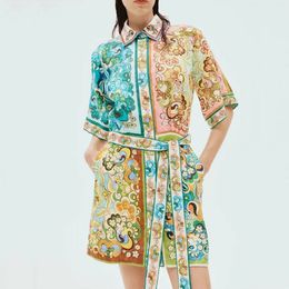 Australian Designer Dress 2024 New Vintage Linen Print Waist Wrap Hip Shirt Dress Short