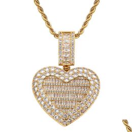 Pendant Necklaces 18K Gold Bling Cubic Zircon Heart Locket Necklace Jewellery Set P O Frame Openable Love Diamond Hip Hop Women Girl G Dhmsl