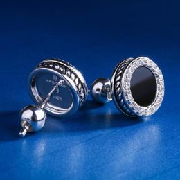 White Gold Stud Earring for Men Black Onyx Inlaid Round Earring Hip Hop Jewelry Punk Earrings177m