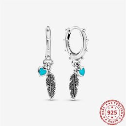 Hoop & Huggie 925 Sterling Silver Earring Turquoise Hearts Feather Fit Paba Earrings For Women Birthday Party Fine Jewelry Gift291r