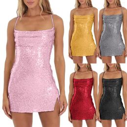 Casual Dresses Women's Dress Sequin Halter Split Slim Short-Sleeve Sparkly Party Prom-Dress Hip-Hugging Vestidos