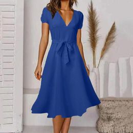 Casual Dresses Elegant A Line Midi Dress V Neck Short Sleeve Solid Waist Strap Belted Summer Women Large Size Ropa Mujer