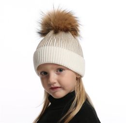 Wool Knitted Winter Hat For Kids Girls Boy Gold Silver Pink Black Metallic Print Beanie Real Fur Pompom 2201057943680