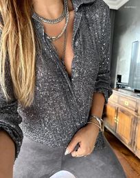 Women's Blouses Shirt With Full Sequin Buckle Long Sleeved Top Lapel Single Breasted Elegant Temperament Casual