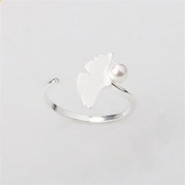 Antique Silver ginkgo leaf Plant Opening Finger ring for Women lady Elegant Wedding rings Imitation Pearl Lovely Gift317H