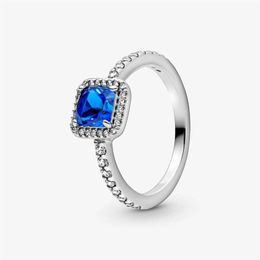 New Brand 100% 925 Sterling Silver Blue Square Sparkle Halo Ring For Women Wedding Rings Fashion Jewelry331g