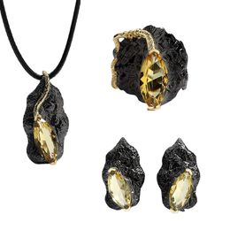 Jewellery Three Piece Set for Women Creative Yellow Zircon Ring Earring Pendant Citrine 925 Italian Black Gold 231229