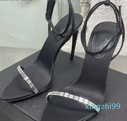 Sandals Black Pointed Toe Stilettos Shoes Women Luxury Rhinestone Ankle Strap Cross-Tied Sexy Peep