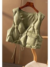 Women's Vests Black Korean Down Cotton Vest Jacket Women V Neck Lace Up Sleeveless Loose Casual Vintage Light Coat Autumn 2024 Tops