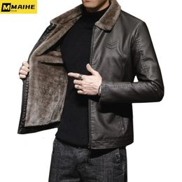 Vintage Brown Leather Jacket Men's Winter Faux Fur Collar Windproof Warm Coat Luxury Clothing Brand chaqueta cuero hombre 231229