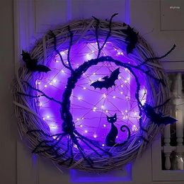 Decorative Flowers 1 PCS Halloween Lighted Wreath With Bat Decor LED Purple Lights Battery Operated