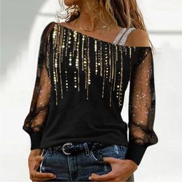 Women's Blouses Women Casual Sequin Print Top Shirt Mesh Long Sleeves Cold Shoulder Shirts & Blusas Camisetas Blusa Poleras Mujer Ropa