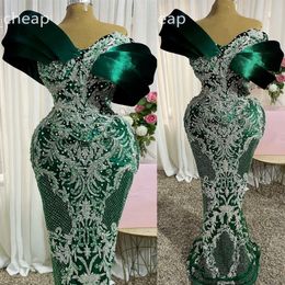 Aso Ebi 2024 Dark Green Mermaid Prom Dress Lace Beaded Crystals Sexy Evening Formal Party Second Reception Birthday Engagement Gowns Dresses Robe De Soiree es
