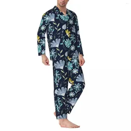 Men's Sleepwear Ditsy Floral Pajamas Man Blue Flowers Kawaii Leisure Nightwear Autumn 2 Piece Casual Oversize Pattern Pajama Sets