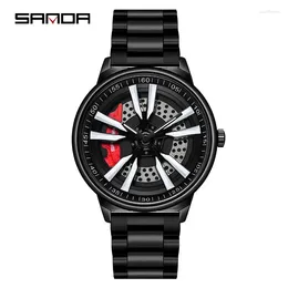 Wristwatches Sanda 1111 Rotating Car Wheel Hollow Out 3D Design Dial Water Resistant Quartz Movement Fashion Men Wrist Analogue Watch