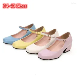 Dress Shoes Lady Strange Heels Novelty Lovely Round Toe Wide Fits Seam 5cm Pumps With Buckle Strap Pinkish Blue Chaussure 43-34