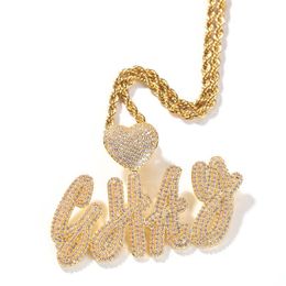 DIY Custome Name Letter Necklace Gold Plated Bling Iced Out CZ Heart Cursive Letter Pendant Necklace With Rope Chain for Men 258e