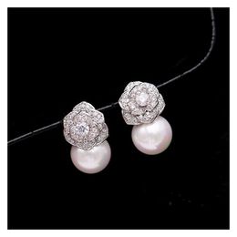 Stud Lovely Diamond Zircon Camillia Flower Pearl Earrings for Woman Girls Super Glittering Ins Fashion Luxury Designer 925 Sier Post Dhp82