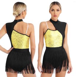 Stage Wear Womens Latin Dance Dress Leotard Tango Rumba Samba Cha-Cha Figure Skating Performance Costume Sleeveless Sequins Tassel Bodysuit