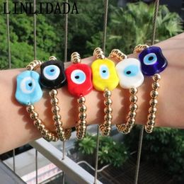 Bangle 10Pcs Fashion Colorful Lampwork Glass Eye Charm Bracelet Gold Color Beaded Elastic Bracelets for Women Lucky Eyes Jewelry