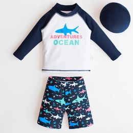 set Antiuv Children Swimwear 3pcs Swimsuit Boys Cartoon Shark Print Kids Swimming Hat Short Sleeve Pants Bathsuit Swim Beach Wear