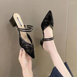 Dress Shoes Ladies On Sale 2023 Fashion Mesh Sequins Women's High Heel Summer Mid-heel Leisure Banquet Women Mules Zapatos Mujer