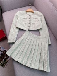 2024 Spring Green Rhinestone Two Piece Dress Sets Long Sleeve Round Neck Tweed Single-Breasted Coat + High Waist Pleated Short Dress Set Two Piece Suits W3D283957