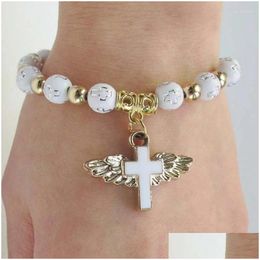Beaded Strand Exquisite Angel Wing Cross Rosary Bracelets Bronzing Acrylic Baptism Stretch For Women Girls Gift Drop Delivery Jewellery Dhpmj