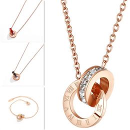 Roman Numerals Pendant Necklaces 18K Rose Gold Fashion Women Party Choker Jewellery Titanium Steel Double Circle Crystal Diamond Bra212q