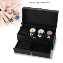 Polish 4 Grids Pu Leather Watch Box Case Double Layers Watch Jewellery Display Storage Box Holder Organiser Black Gift Casket Box