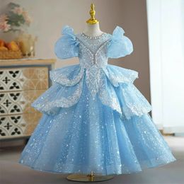 2024 Designer Light Blue Flower Girl Dresses Scoop Neck Cap Sleeves Lace Appliques Hand Made Flowers Pearls Hollow Back Lilttle Kids Birthday Pageant Weddding