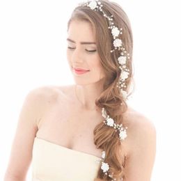 Wedding Bridal Flower Long Hair Chain Band Headband Crystal Rhinestone Crown Tiara Headpiece Jewellery Pearl Headdress Princess Quee251m