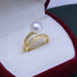 Cluster Rings Fresh Water 9-10mm Perfect Circle Strong Light White Almost Flawless Pearl Ring Female S925 Gold Double Opening