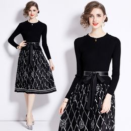 Elegant Print Fit Vacation Pleated Dress Long Sleeve Woman O-Neck Slim Knitted Patchwork Casual Party Midi Dressess 2024 Spring Fall Chic Runway Formal Ballgown