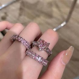 Ins Sweet Cute Wedding Rings Fashion Jewellery 925 Sterling Silver Fill Heart Shape Pink Topaz CZ Diamond Gemstones Promise Eternity2428