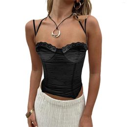 Women's Tanks 2023 Casual Spring Summer Sling Tops Streetwear Women Crop Vest Solid Color See Through Lace Wrap Chest Party