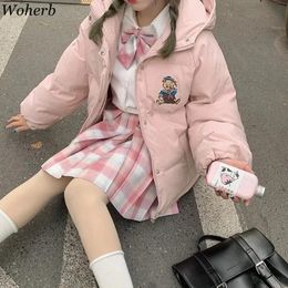 Parkas Woherb Cute Kawaii Winter Coat Women Bear Embroidery Hooded Parka Sweet Soft Girl Loose Wadded Jackets 2022 Korean Jackets