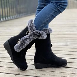 Boots Women's Wedge Mid-calf Snow Casual Metal Buckle Fleece Liner Booties Shoes