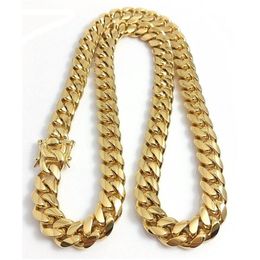 10mm 12mm 14mm Miami Cuban Link Chain Mens 14K Gold Plated Chains High Polished Punk Curb Stainless Steel Hip Hop Jewelry292a