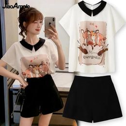 Skirts Summer Shorts Set 2021 New Trend Doll Collar Shortsleeved Pants Twopiece Women's Casual Elegant Tops Blouse Fashion Clothes