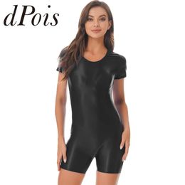 Bags Womens Swimwear Glossy Short Sleeve Bodysuit for Sport Running Yoga Gymnastics Unitard Leotard Swimming Suit for Femme Swimsuits