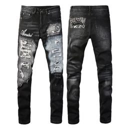 Pantaloni slim fit elasticizzati High Street Ing Amiryes ricamati Jeans da uomo alla moda lavati taglia USA Nero