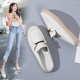 Slippers Spring And Summer Women's Single Shoes Cowhide Flat Half Drag Metal Buckle Lazy Korean Casual Mother