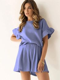 Women's Shorts Ins Cotton Set Ruffled Short Sleeve Wide Leg Solid Colour Home Wear Two Piece Clothes Daily Office Lady