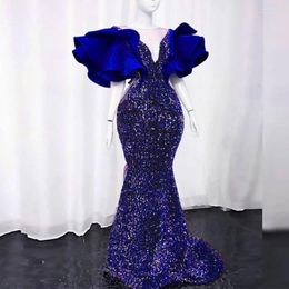 Party Dresses Royal Blue Mermaid Sparkle Sequins Evening Women V Neck Short Flared Sleeves Formal Dress Africa Prom Ball Gowns