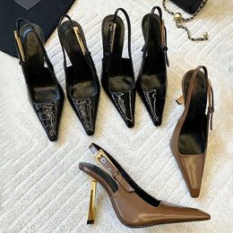 10cm stiletto heel slingback pump dress shoes Women gold High Heels Shiny mirror patent black pointed toe wedding party sandals Ladies Luxury sling backs