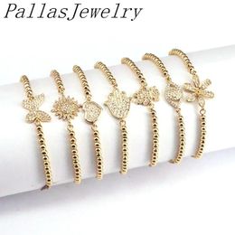 Bangle 10Pcs New Charm Gold Colour Micro Pave CZ Connector Beaded Chain Bracelet For Women Adjustable Jewellery