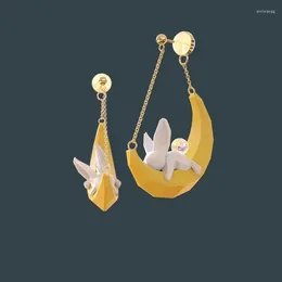 Stud Earrings Super Cute The Jade Lies On Moon Sense Of Design Sweet Fashionable Earring Pale Gold Colour Colourful Crystal Ball Tail